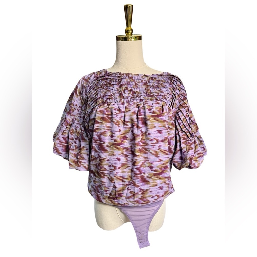 entro Purple and Green Abstract Design Pleated Puff-Sleeve Body Suit Size S